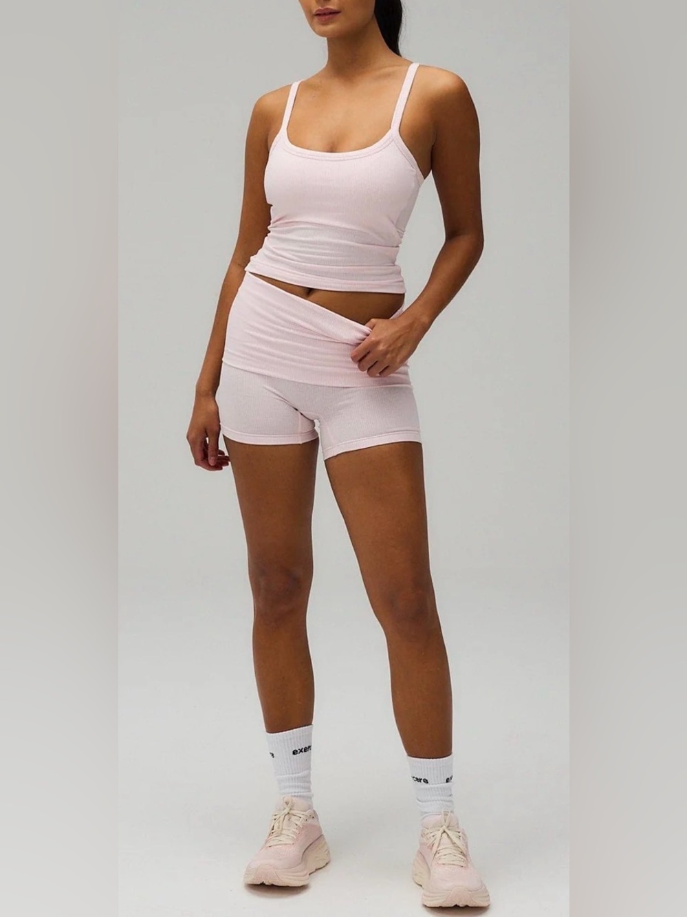 LA Glow Ribbed High-Waist Bike Shorts set in Pale Pink